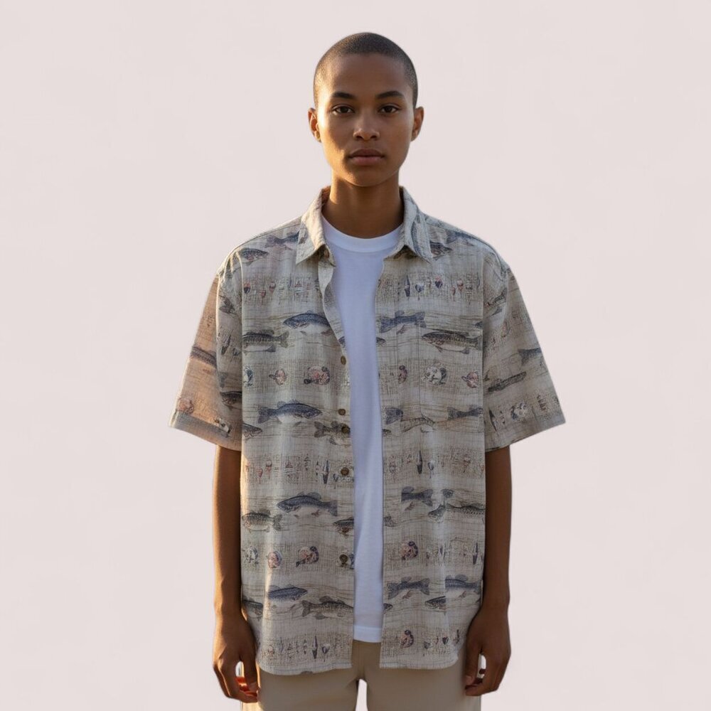 Magellan Mens Shirt Tan/Khaki Fish Design Short Sleeve Sz L